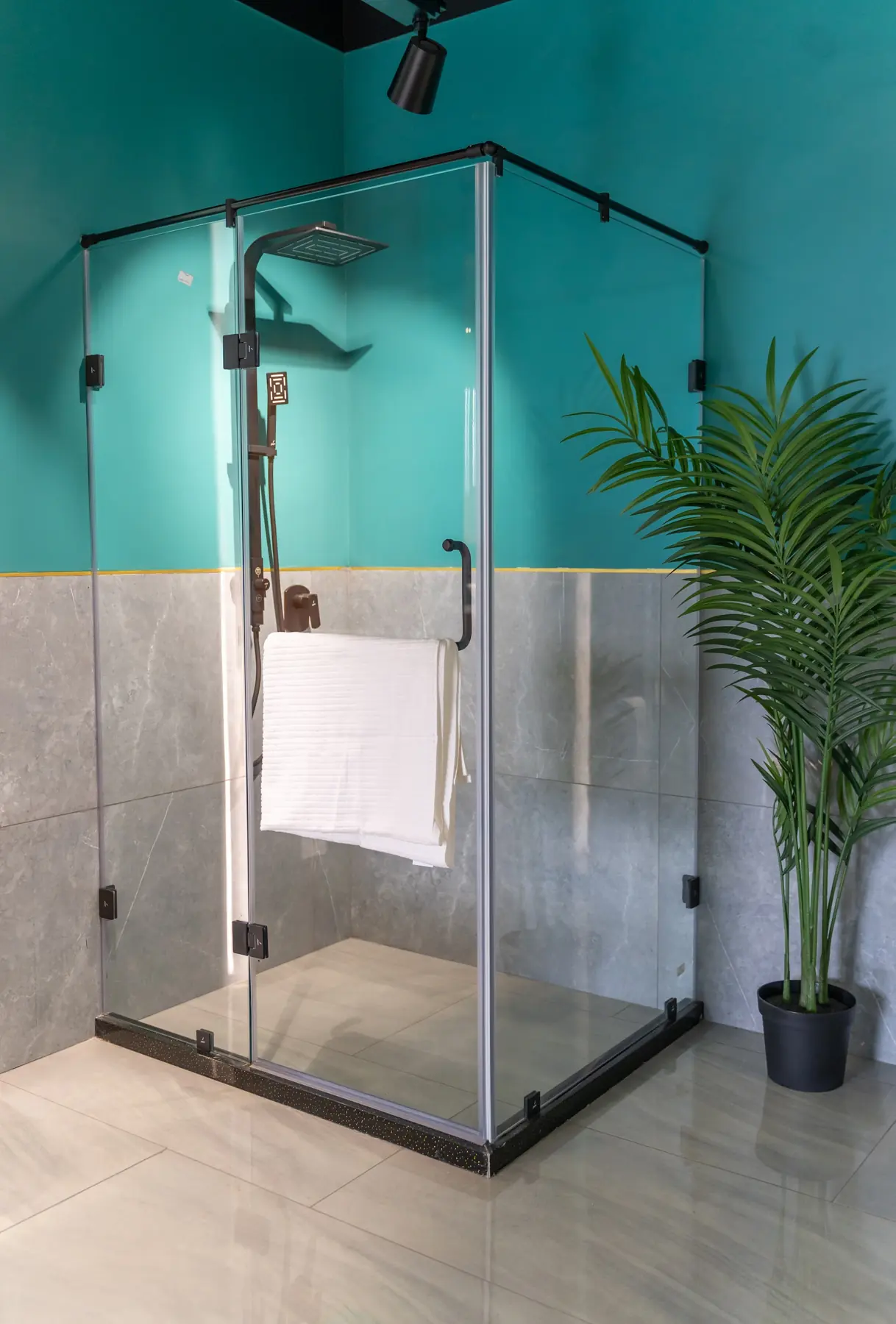 A black-framed glass corner enclosure with a shower column